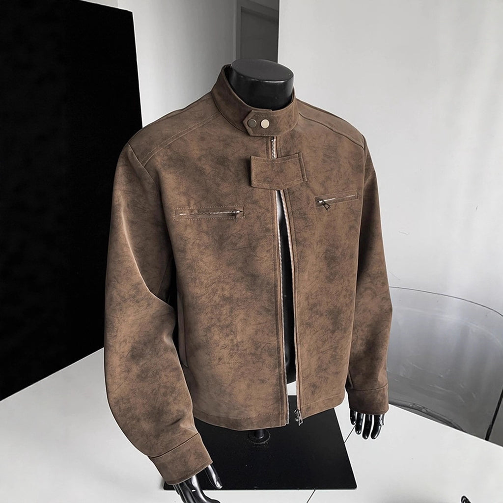 Vintage PU Leather Stand-Up Collar Biker Jacket