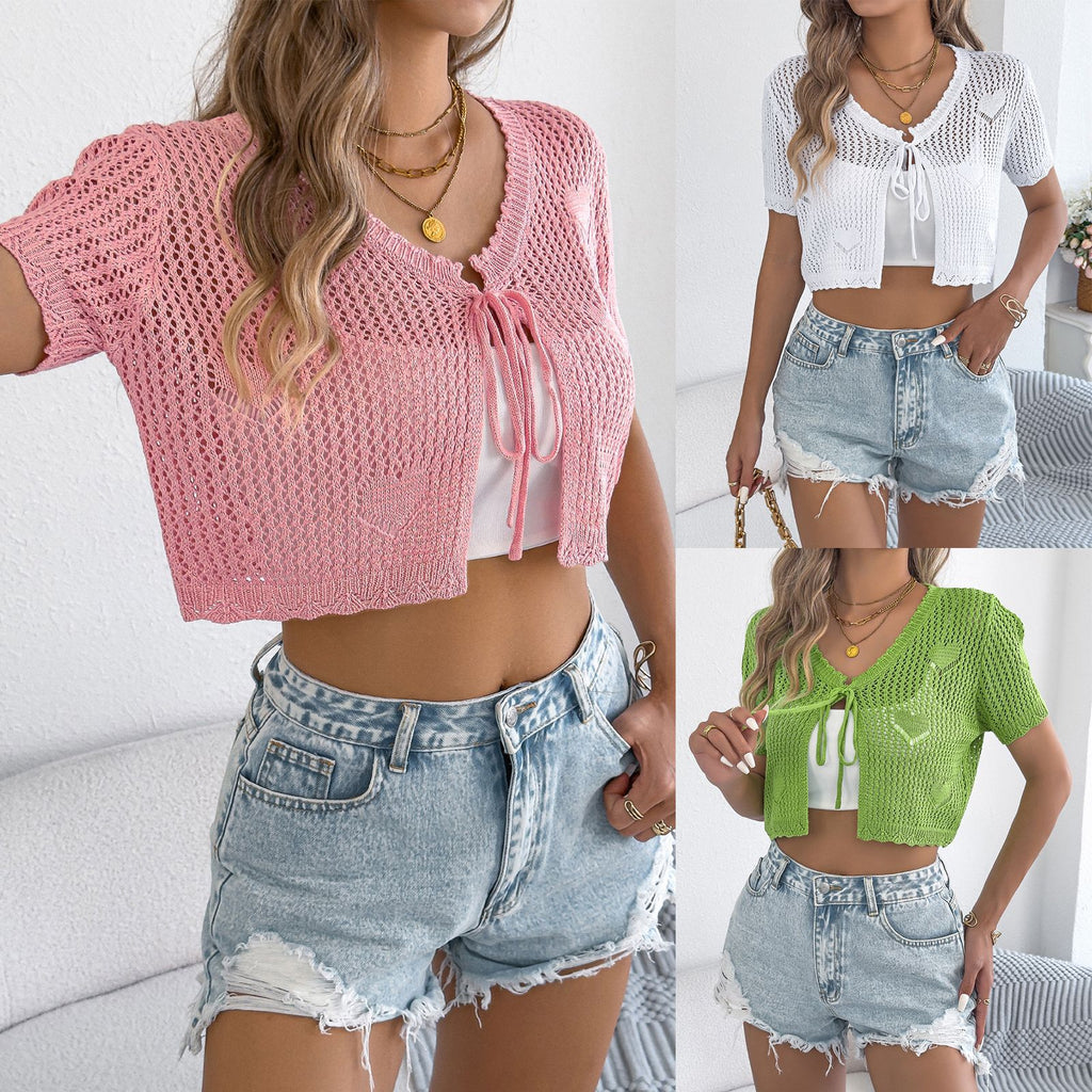 Solid-color Heart-cutout Lace-up Short-sleeve Knit Top